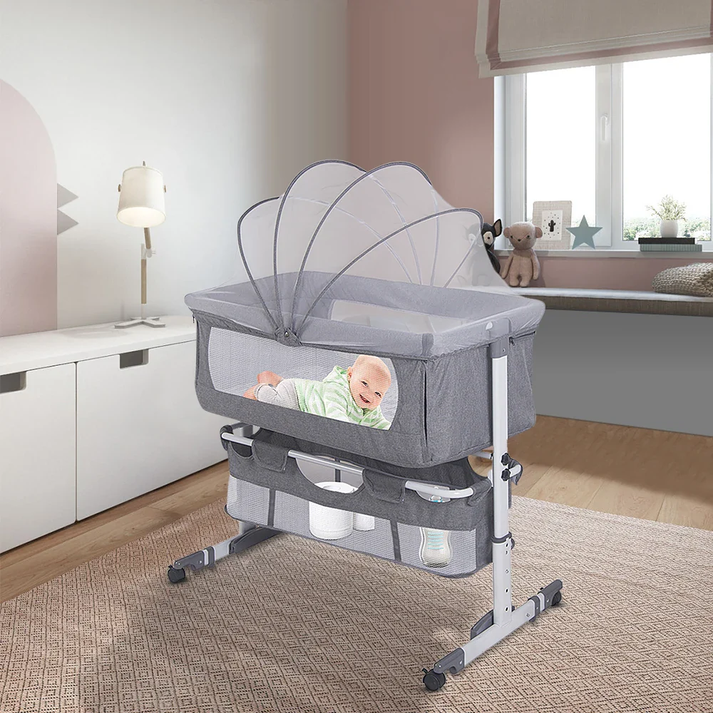 Lit bébé 3 en 1 berceau mobile, réglable avec moustiquaire, matelas, et panier de rangement – Image 3
