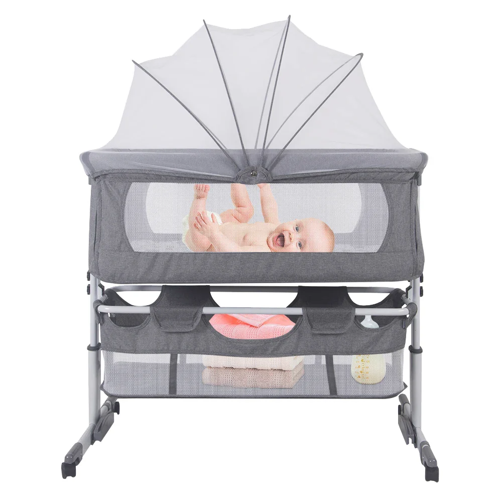 Lit bébé 3 en 1 berceau mobile, réglable avec moustiquaire, matelas, et panier de rangement – Image 2